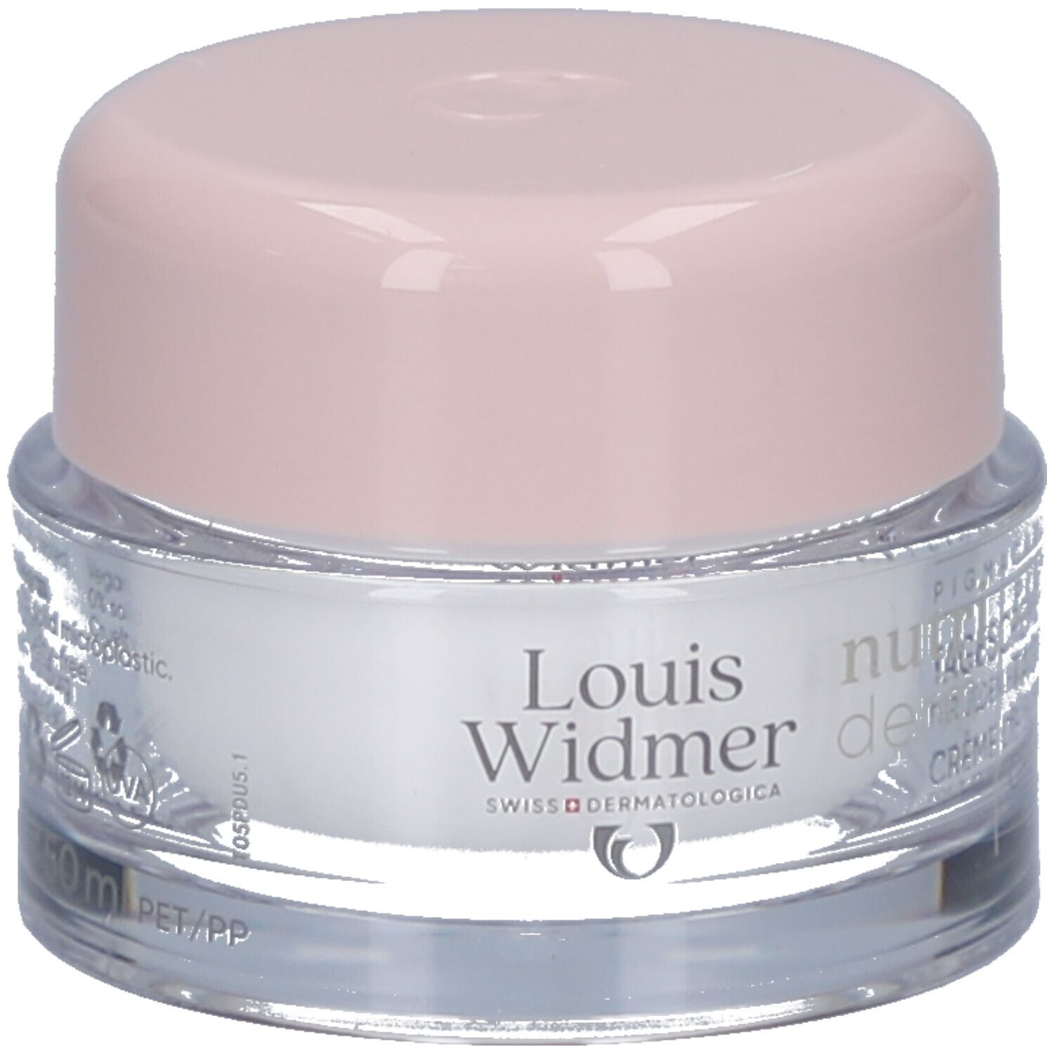 Creme-Tiegel mit rosa Deckel. Aufschrift: Louis Widmer, nutriderm, PIGMACARE, 50 ml, PET/PP.