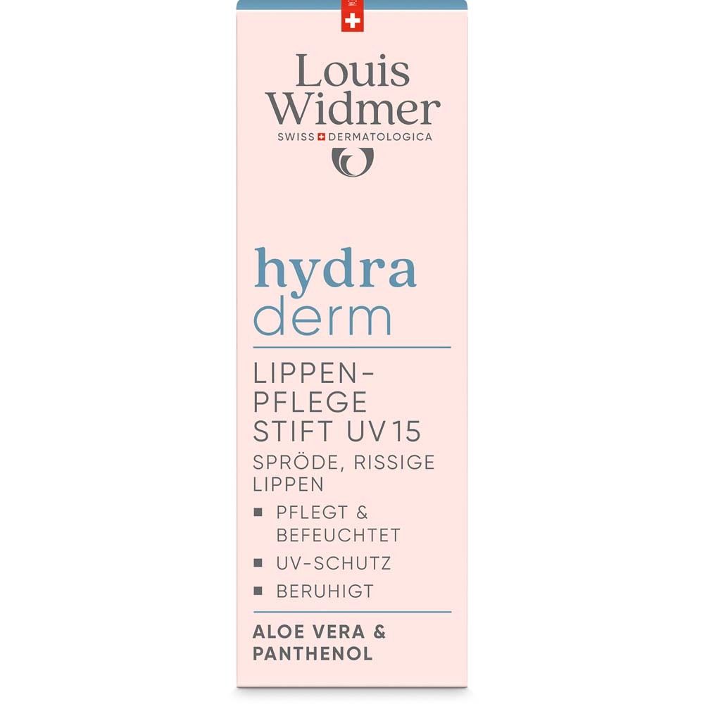 Rosa Verpackung mit Louis Widmer Logo. Text: hydraderm Lippenpflege Stift UV15.