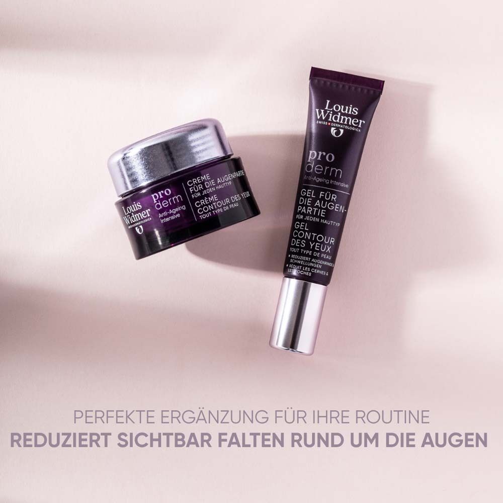 Produktabbildung: Louis Widmer proderm Creme und Gel für die Augenpartie. Lila Tuben und Tiegel. Text: pro derm.