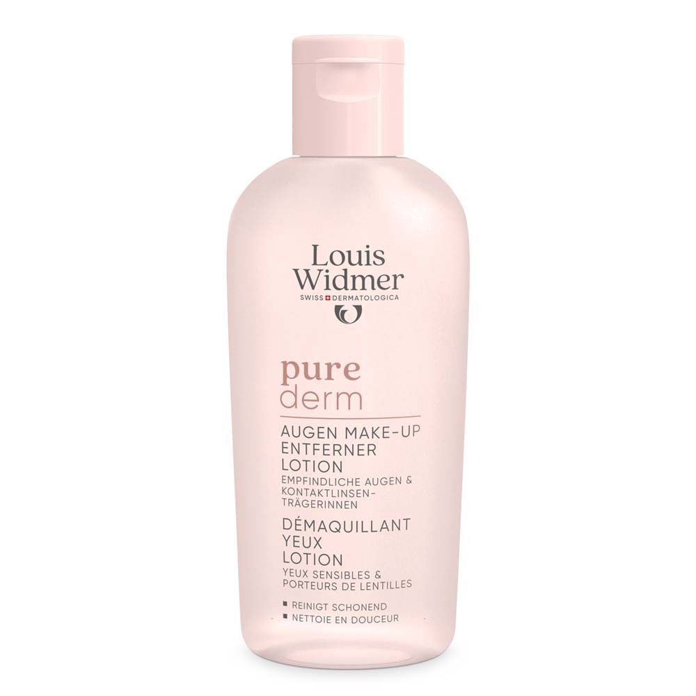 Rosa Flasche mit Augen Make-up Entferner Lotion. Marke: Louis Widmer. Text: pure derm, Augen Make-up Entferner Lotion.