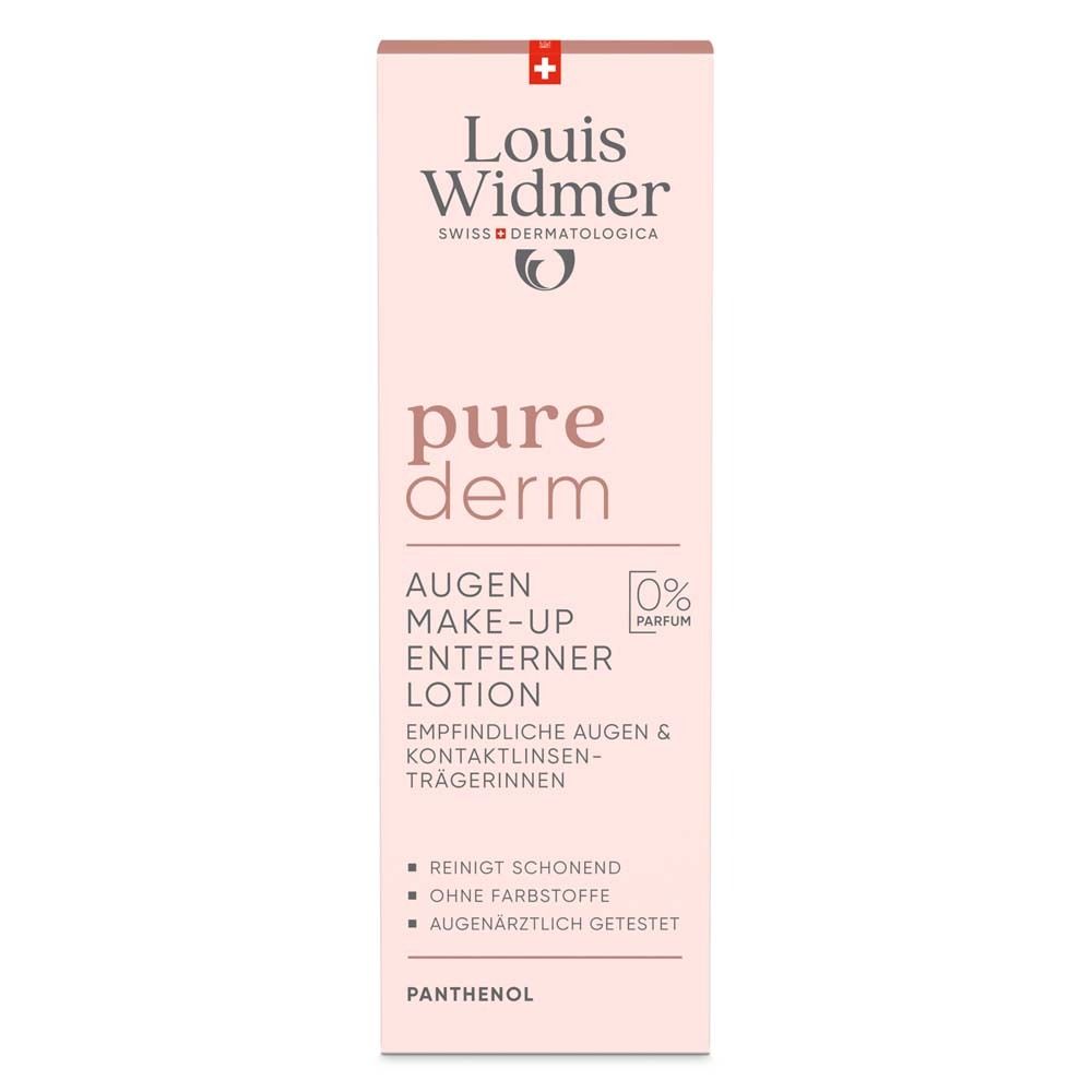 Verpackung der Augen Make-up Entferner Lotion. Marke: Louis Widmer. Text: pure derm, Augen Make-up Entferner Lotion, 0% Parfum.