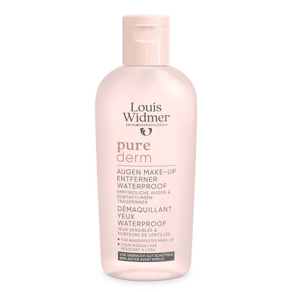 Rosa Flasche mit Augen Make-up Entferner. Produktname: Louis Widmer Pure Derm. Text: Augen Make-up Entferner Waterproof.