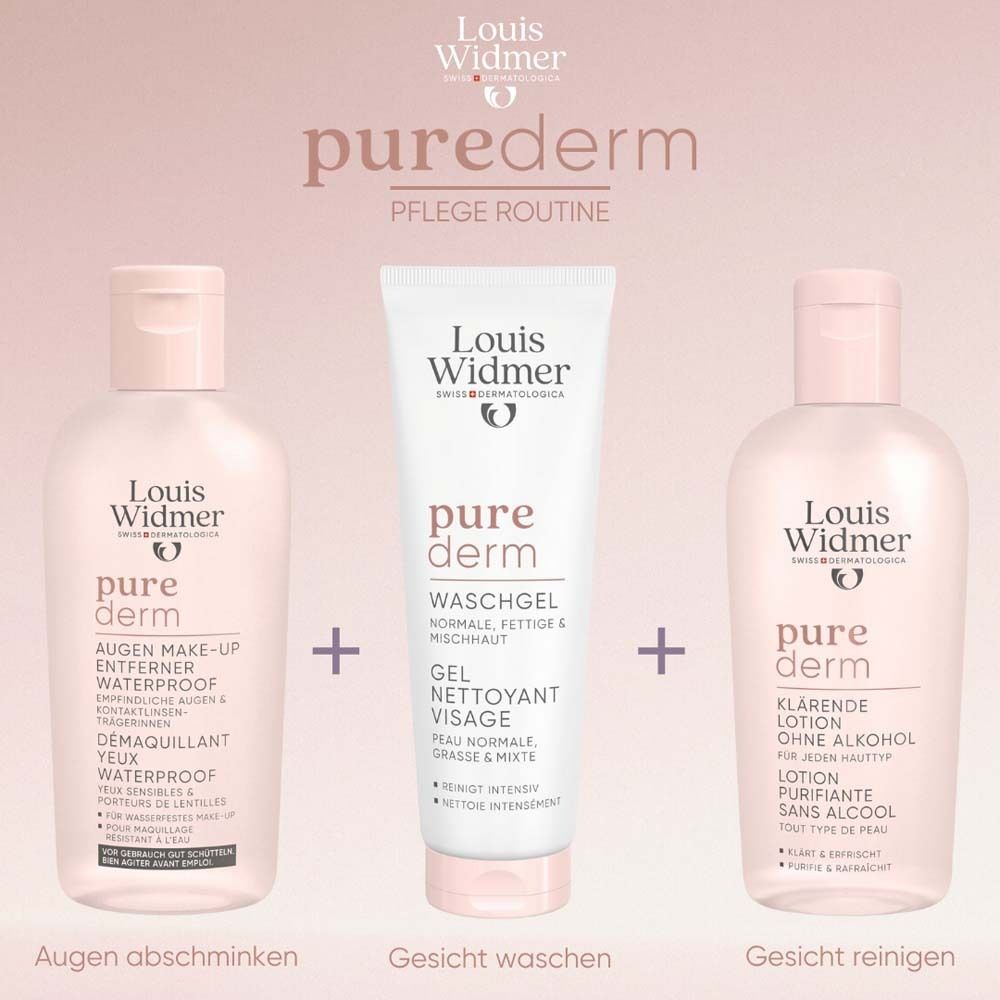 Drei Produkte: Augen-Make-up-Entferner, Waschgel, Lotion. Text: Augen abschminken, Gesicht waschen, Gesicht reinigen.