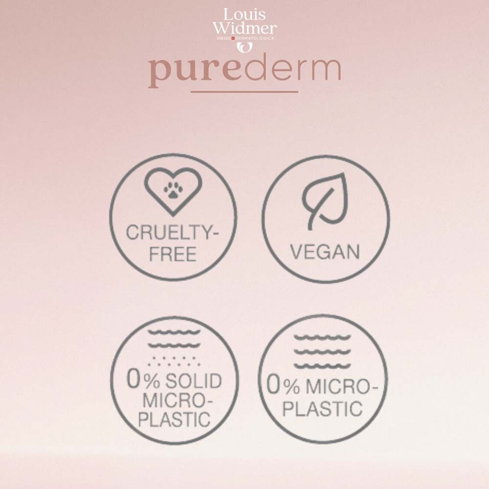 Kreisförmige Logos. Text: Cruelty-free, Vegan, 0% Mikroplastik, 0% Feststoffe.