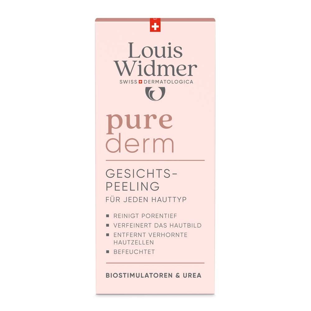 Rosa Verpackung mit Aufschrift: Louis Widmer, pure derm, Gesichtspeeling, für jeden Hauttyp. Enthält Informationen zu Inhaltsstoffen.