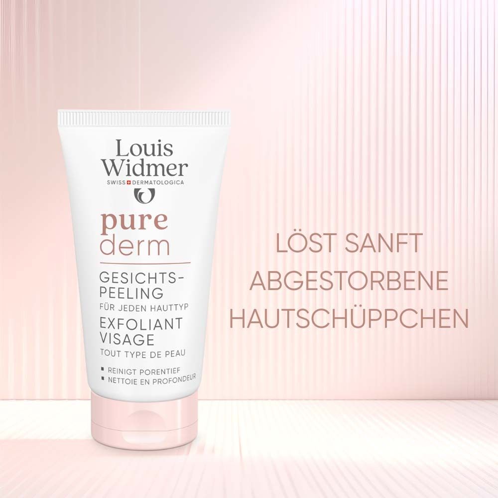 Tube mit Aufschrift: Louis Widmer, pure derm, Gesichtspeeling, für jeden Hauttyp, Exfoliant Visage. Text: Löst sanft Hautschüppchen.