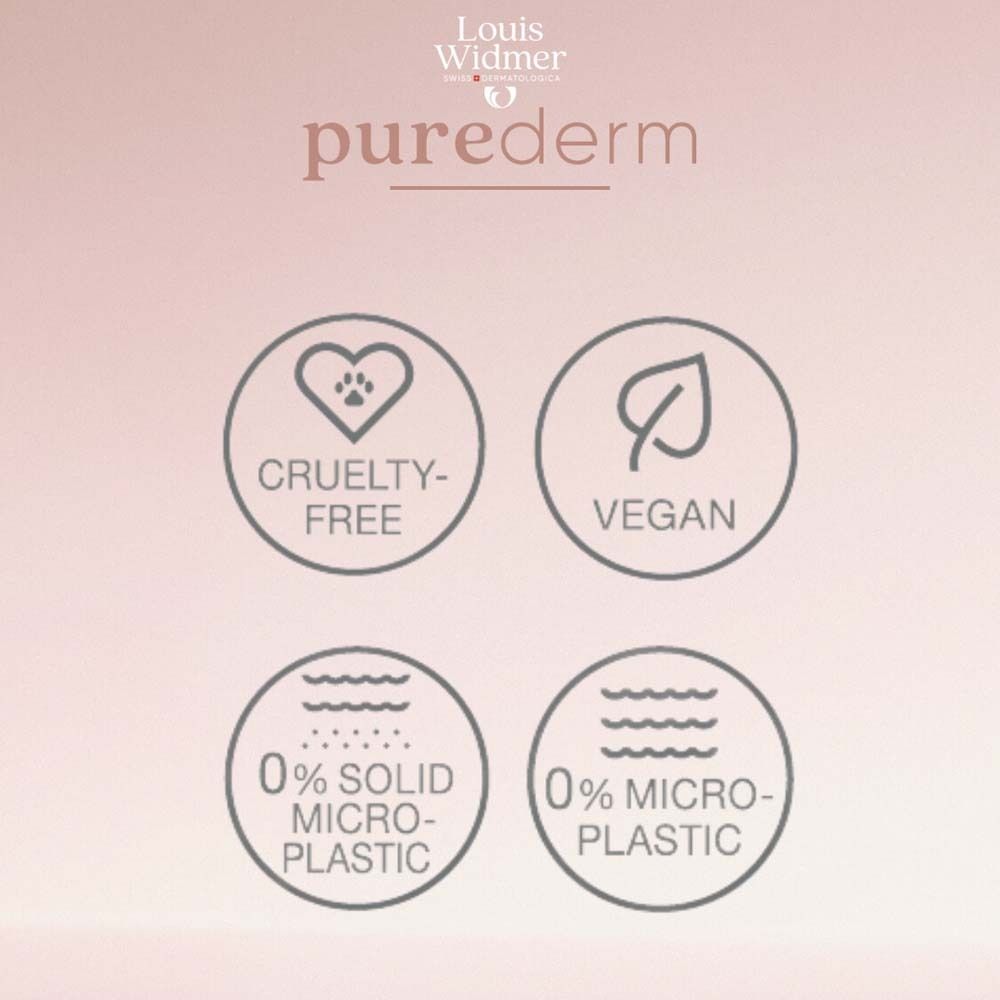 Kreisförmige Symbole. Text: Cruelty-free, Vegan, 0% Mikroplastik, 0% feste Mikroplastik.