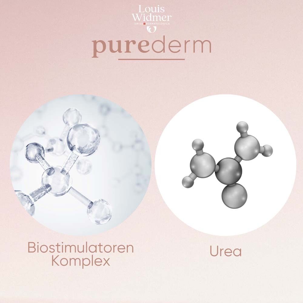 Grafische Darstellung von Molekülen. Text: Biostimulatoren Komplex, Urea. Logo: pure derm.
