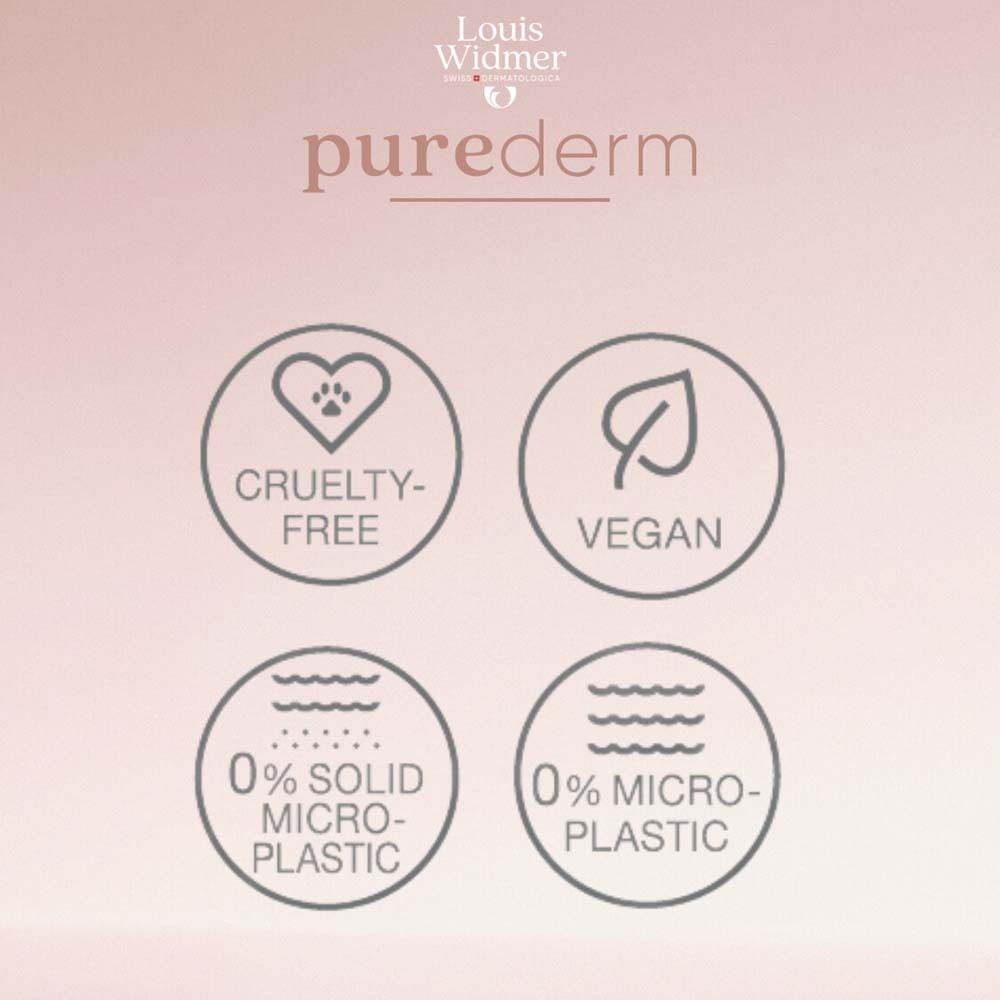 Symbole: Cruelty-free, Vegan, 0% Mikroplastik, 0% feste Mikroplastik. Logo: pure derm.