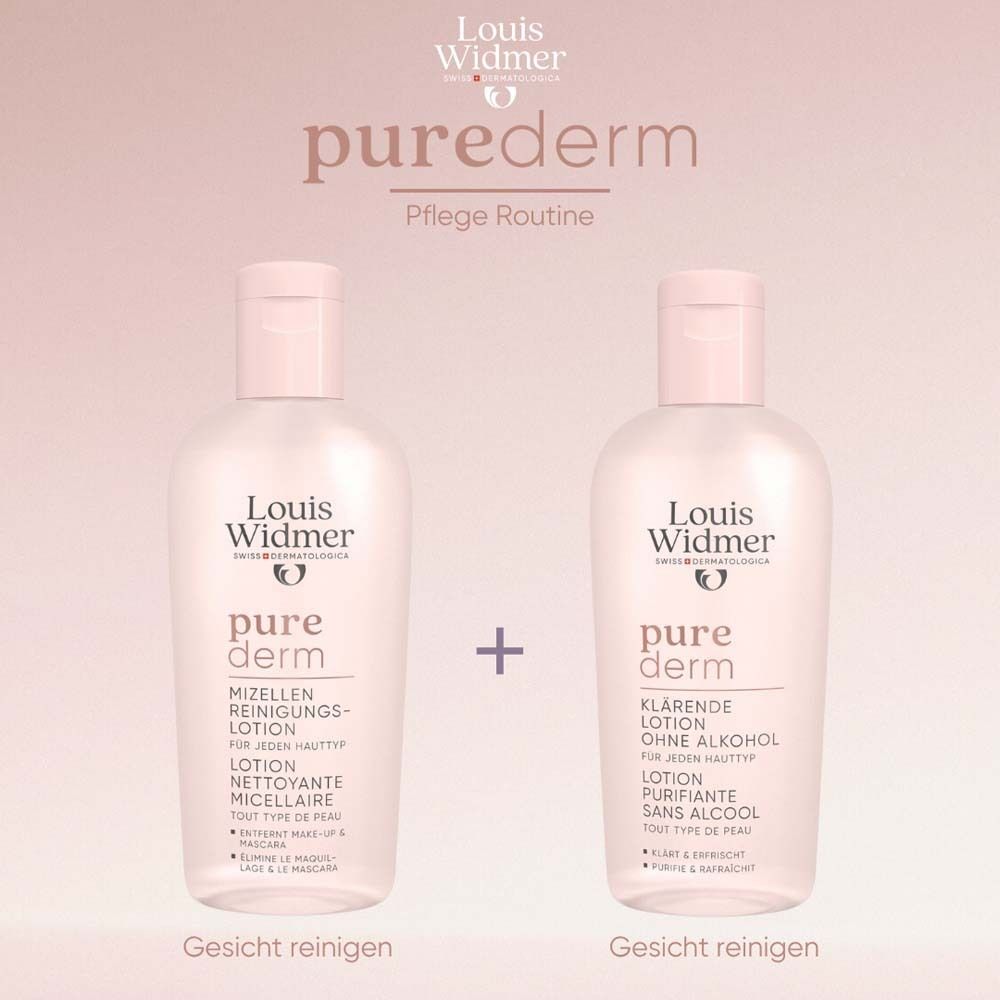 Zwei Produkte: Mizellen-Reinigungslotion und klärende Lotion. Text: Gesicht reinigen.