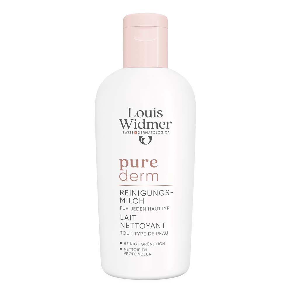 Weiße Flasche mit rosa Verschluss. Aufschrift: Louis Widmer, pure derm, Reinigungsmilch, für jeden Hauttyp.