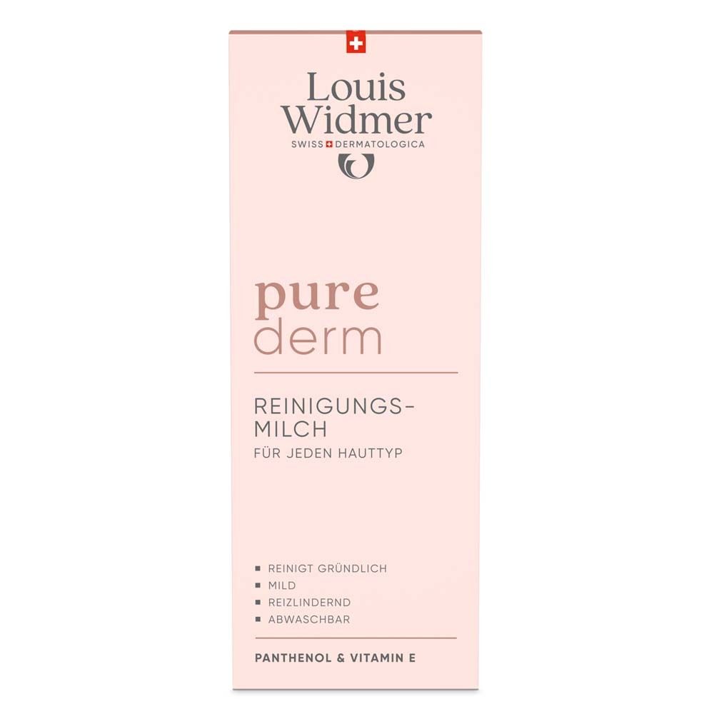 Rosa Verpackung mit Louis Widmer Logo und Produktinformationen: pure derm Reinigungsmilch für jeden Hauttyp.
