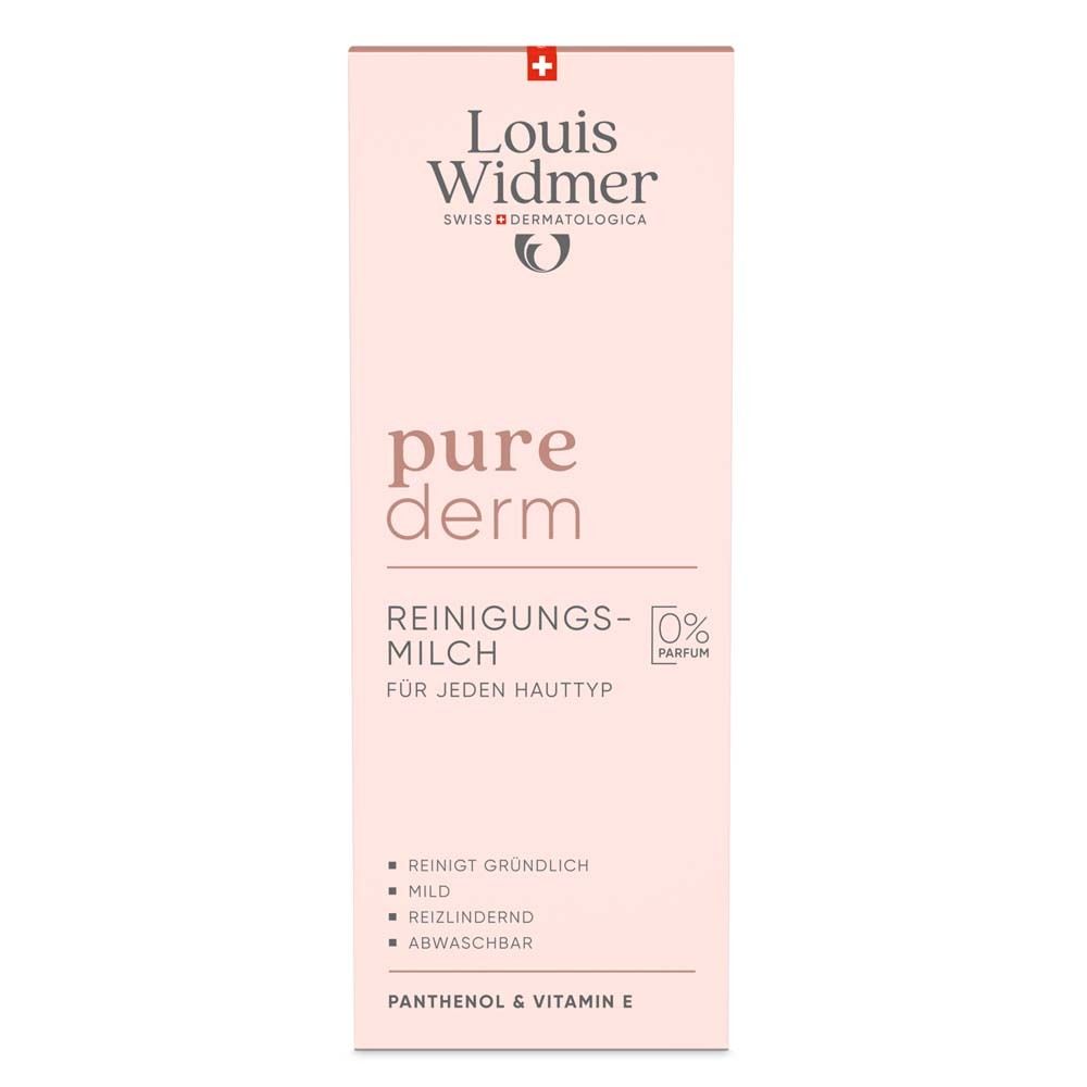 Rosa Verpackung. Aufschrift: Louis Widmer, pure derm, Reinigungsmilch, 0% Parfum. Enthält Panthenol & Vitamin E.