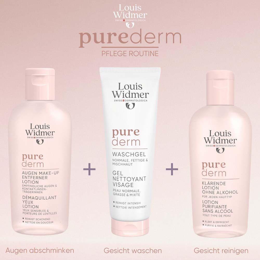 Drei Produkte: Augen Make-up Entferner, Waschgel, klärende Lotion. Text: Augen abschminken, Gesicht waschen, reinigen.