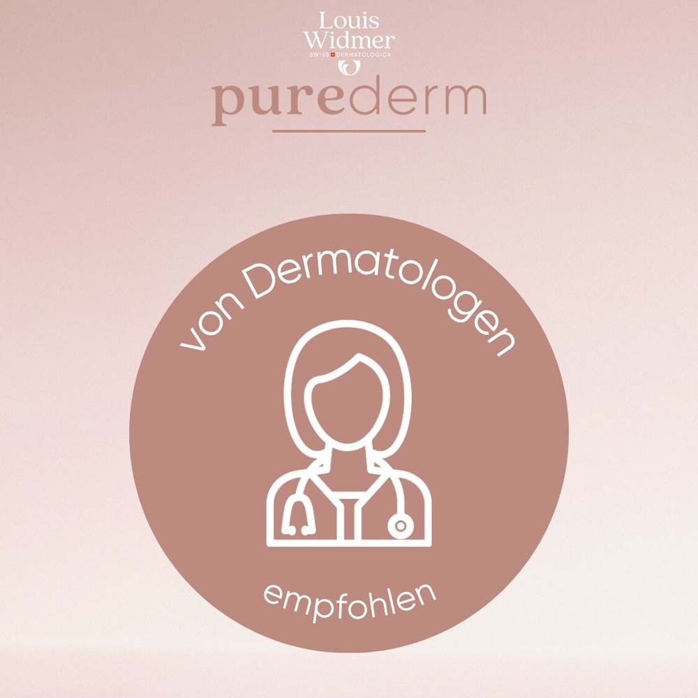 Runder Aufkleber mit Arzt-Symbol. Text: von Dermatologen empfohlen.