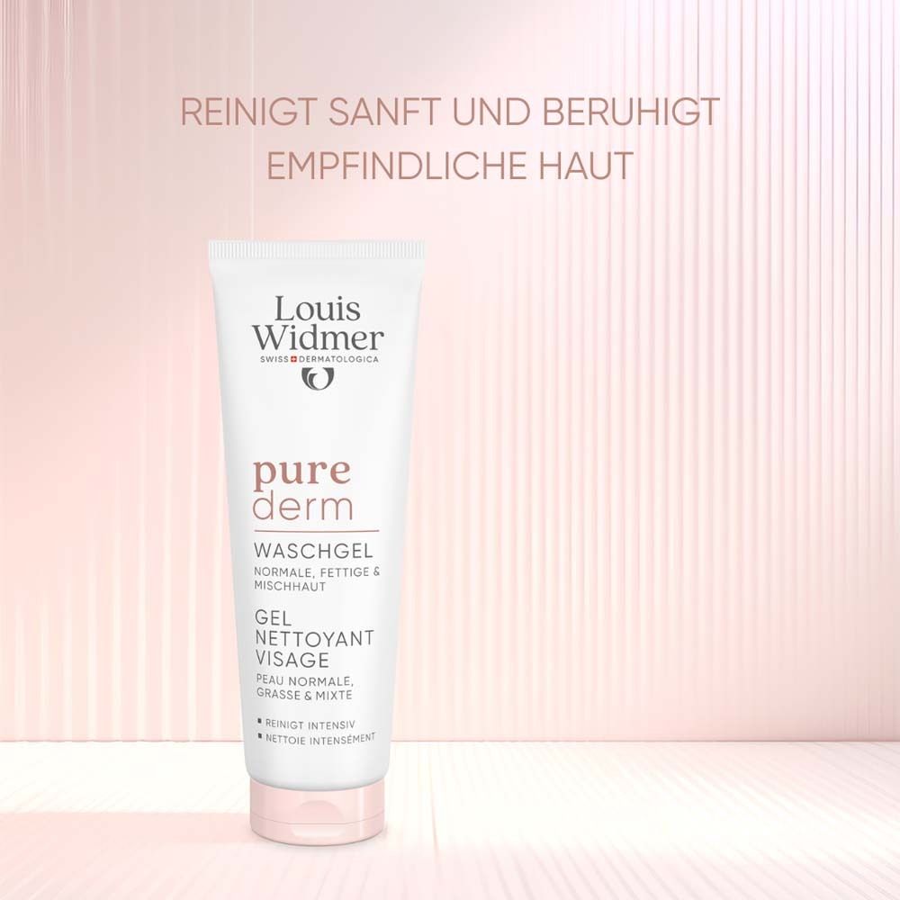 Tube. Text: Reinigt sanft und beruhigt empfindliche Haut. Text: Louis Widmer, pure derm Waschgel.