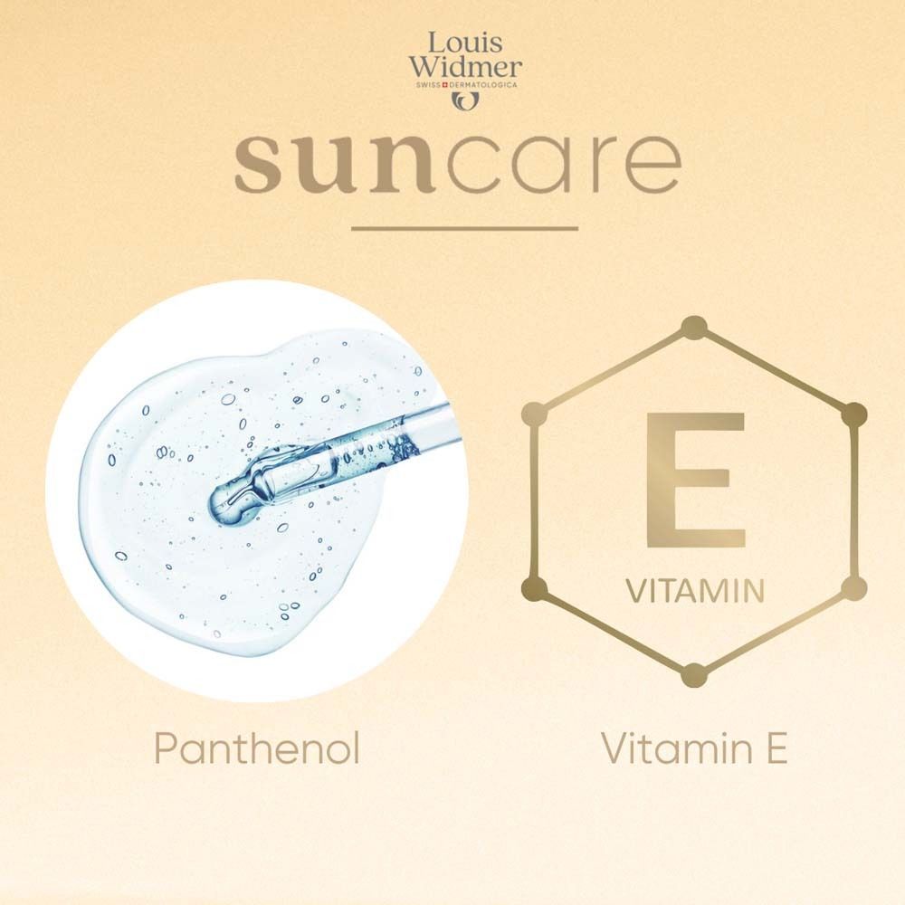 Panthenol und Vitamin E. Tropfen und Vitamin E Symbol. Text: sun care.