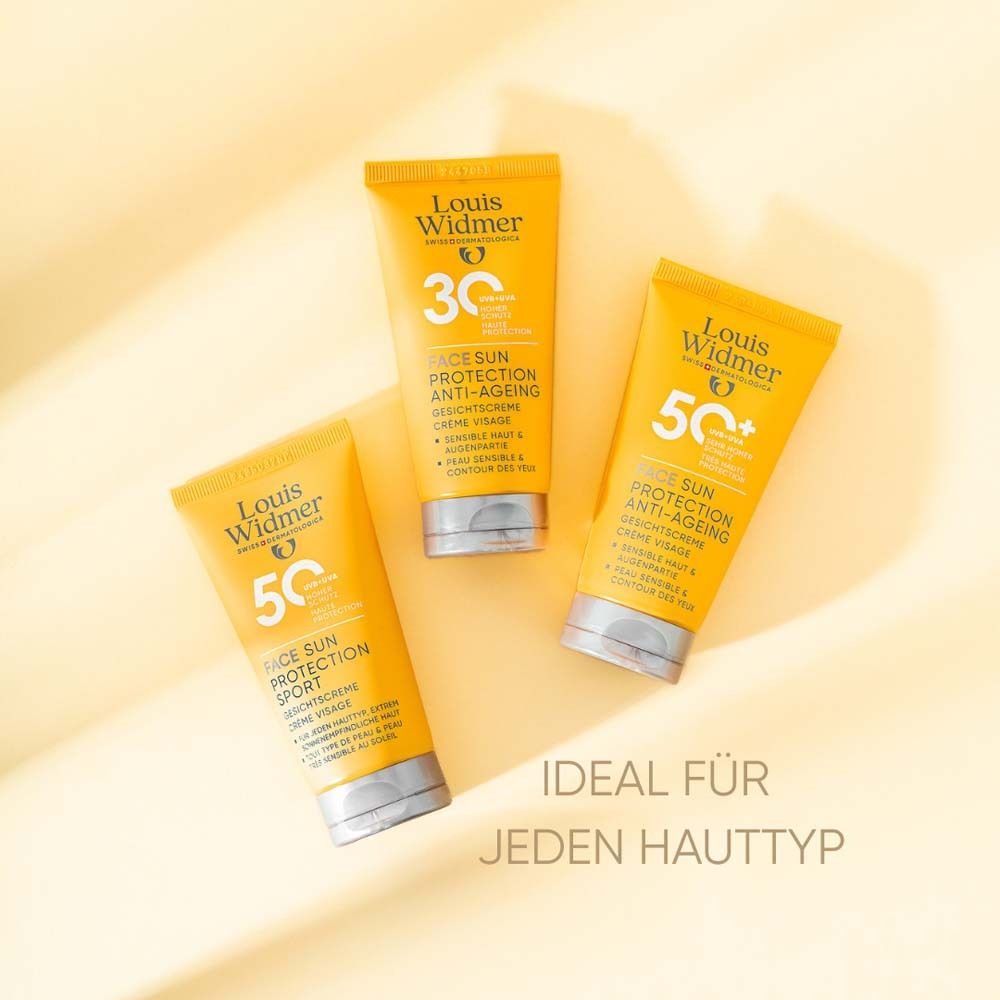 Drei gelbe Tuben Louis Widmer 50+ und 30+. Gesichtsschutz. Ideal für jeden Hauttyp.