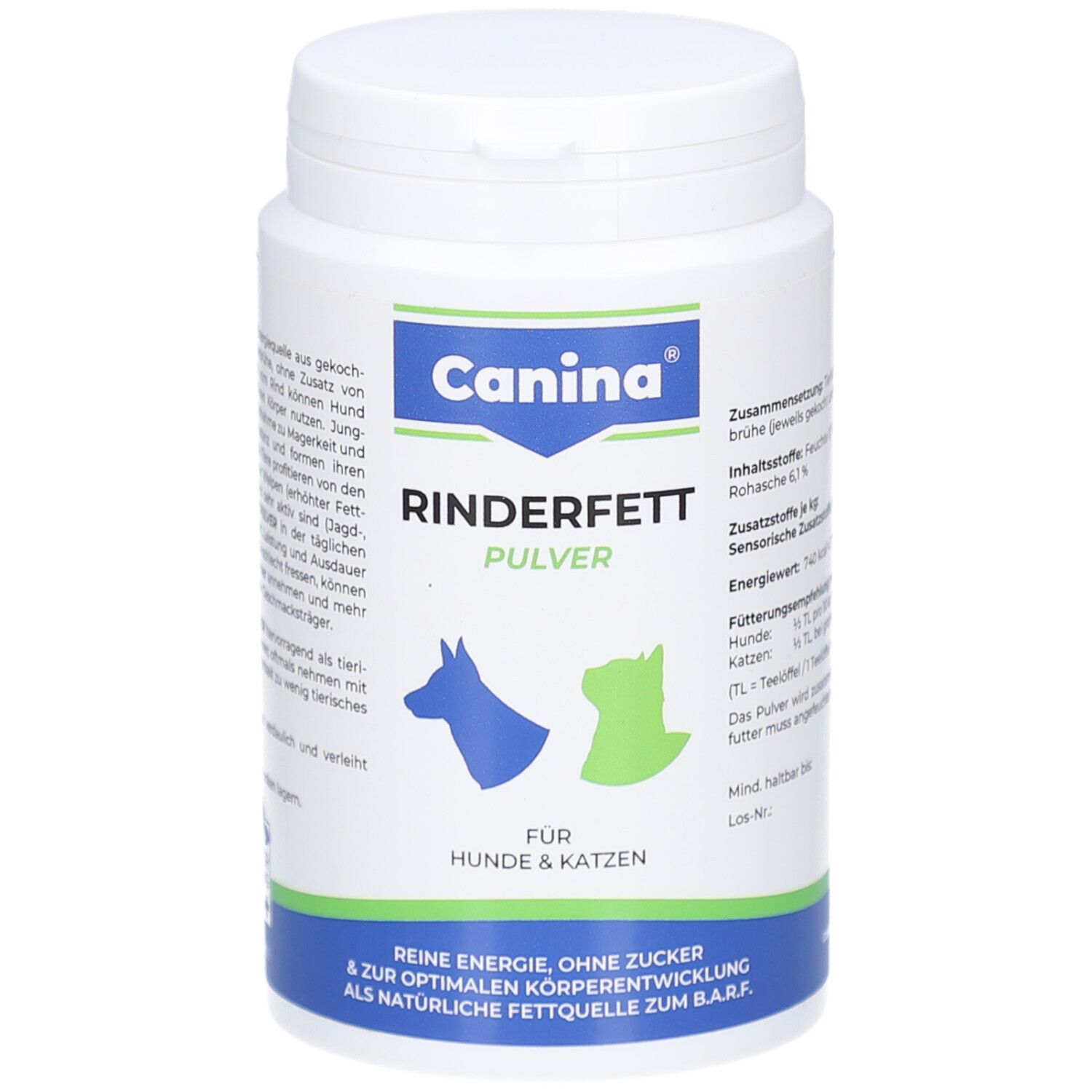 Weiße Dose mit blauem und grünem Logo. Aufschrift: Canina Rinderfett Pulver. Für Hunde & Katzen. Reine Energie, ohne Zucker.