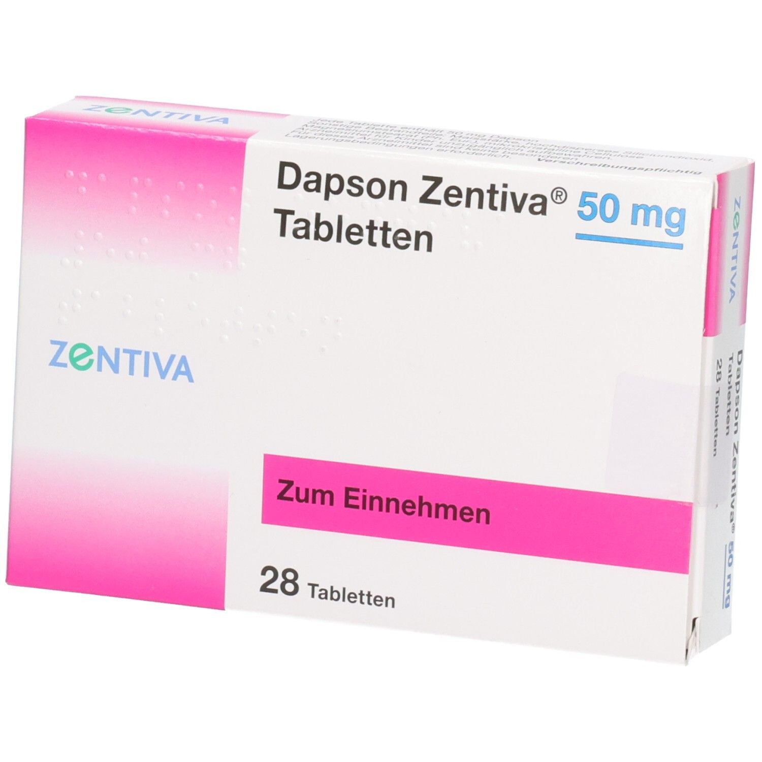 Packung Dapsone Zentiva 50 mg Tabletten, 28 Stück. Zentiva Logo.