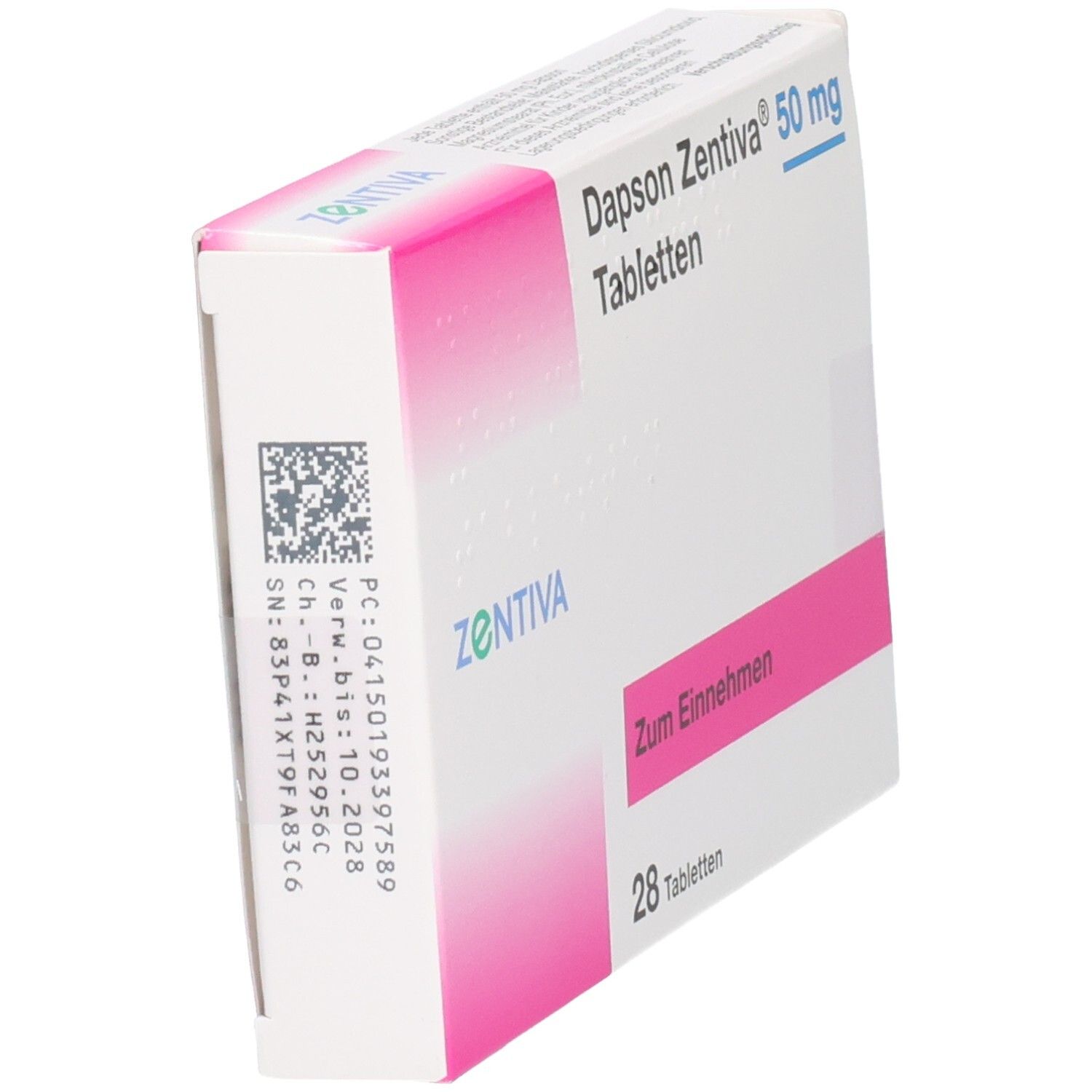 Packung Dapsone Zentiva 50 mg Tabletten, 28 Stück. Rückseite mit Barcode und Verfallsdatum.