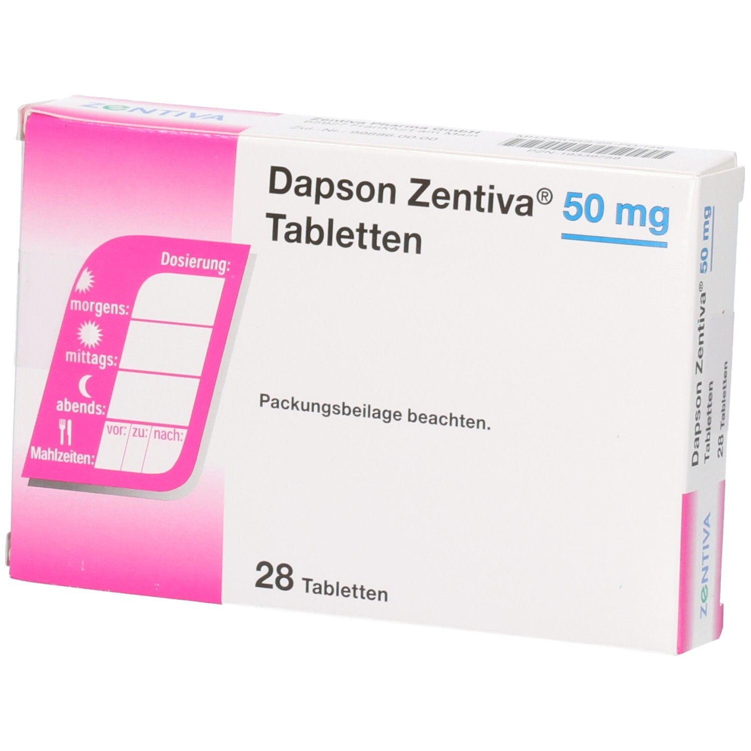 Packung Dapsone Zentiva 50 mg Tabletten, 28 Stück. Dosierungsplan auf der Seite.