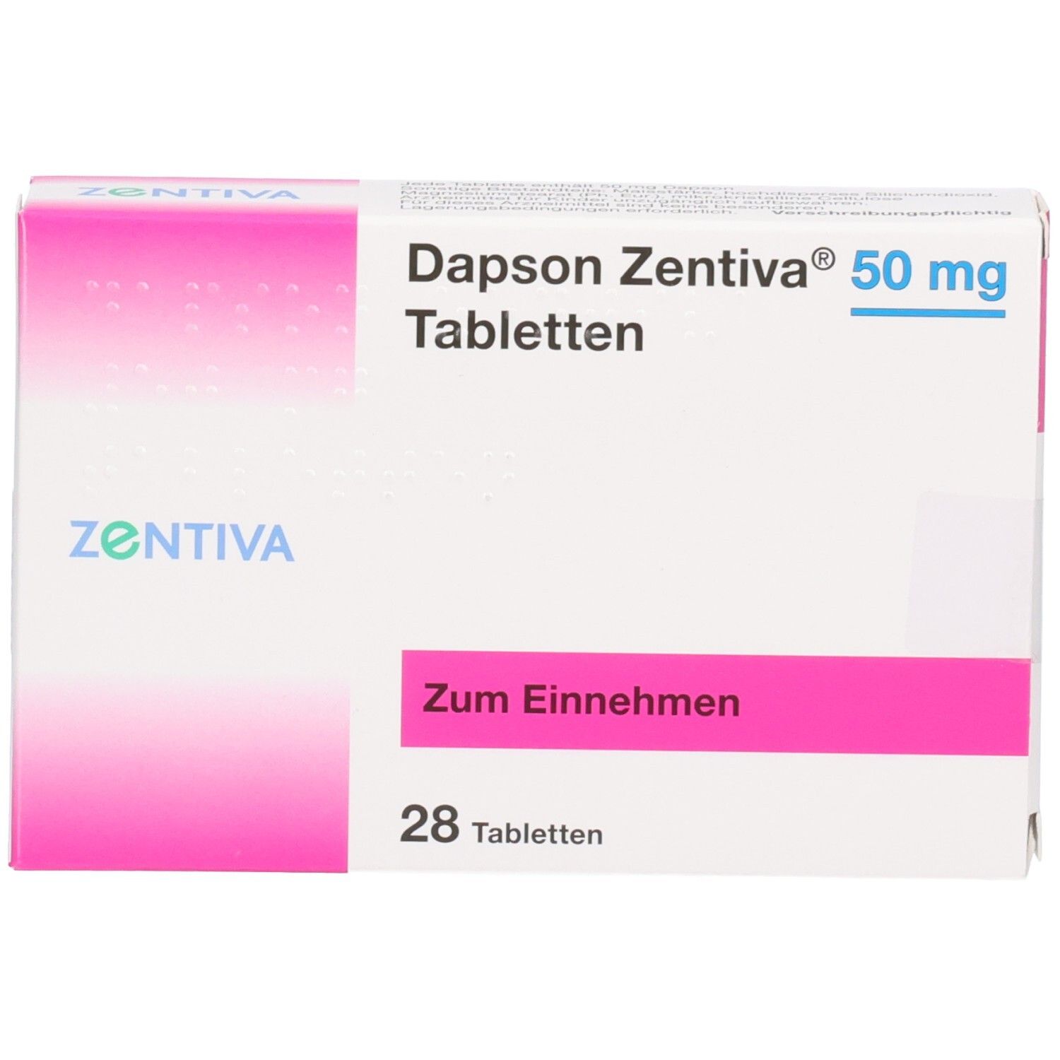 Packung Dapsone Zentiva 50 mg Tabletten, 28 Stück. Zentiva Logo.