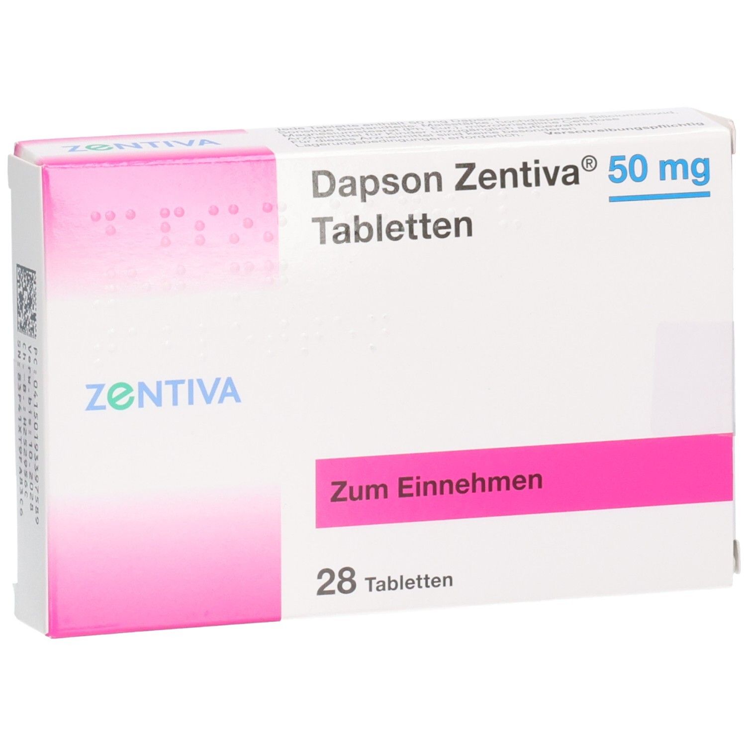 Packung Dapsone Zentiva 50 mg Tabletten, 28 Stück. Zentiva Logo.