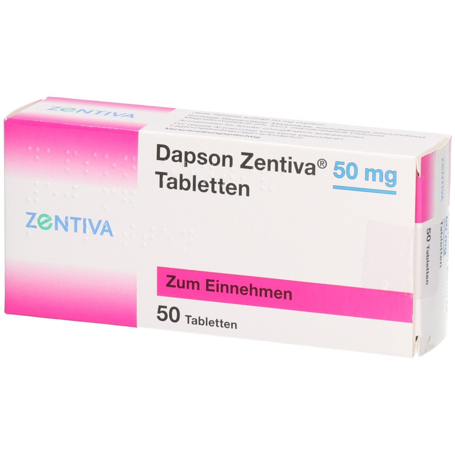 Packung Dapson Zentiva 50 mg Tabletten, 50 Stück.