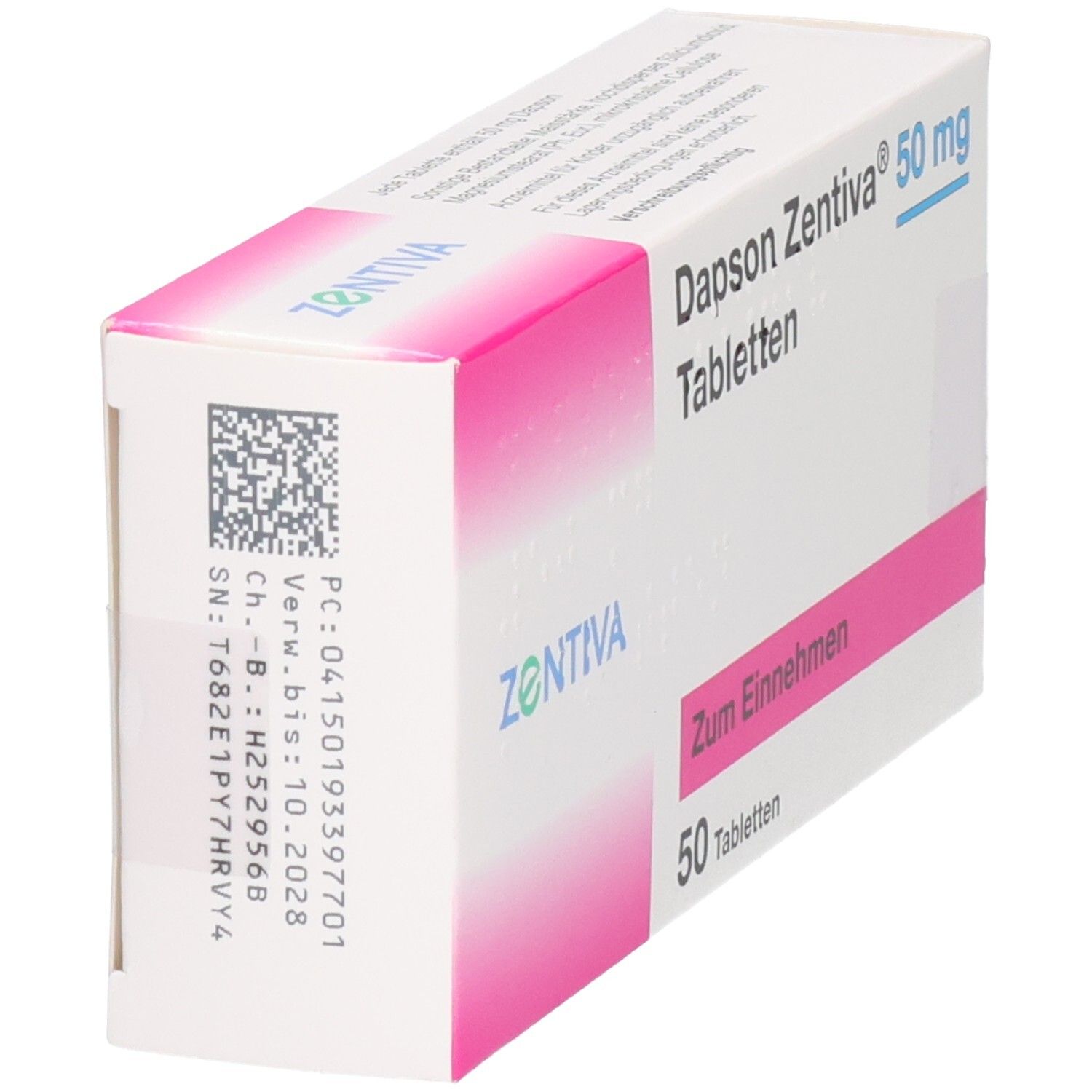 Packung Dapson Zentiva 50 mg Tabletten, 50 Stück, mit Chargennummer.
