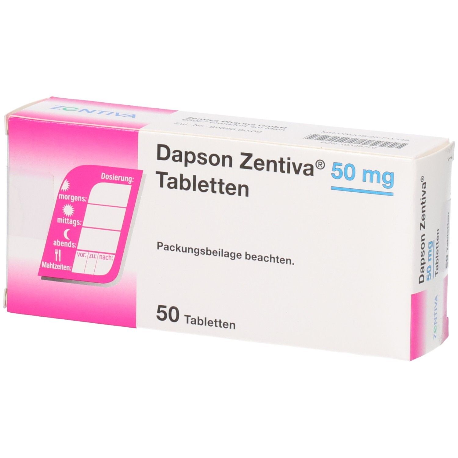 Packung Dapson Zentiva 50 mg Tabletten, 50 Stück, mit Dosierungsschema.