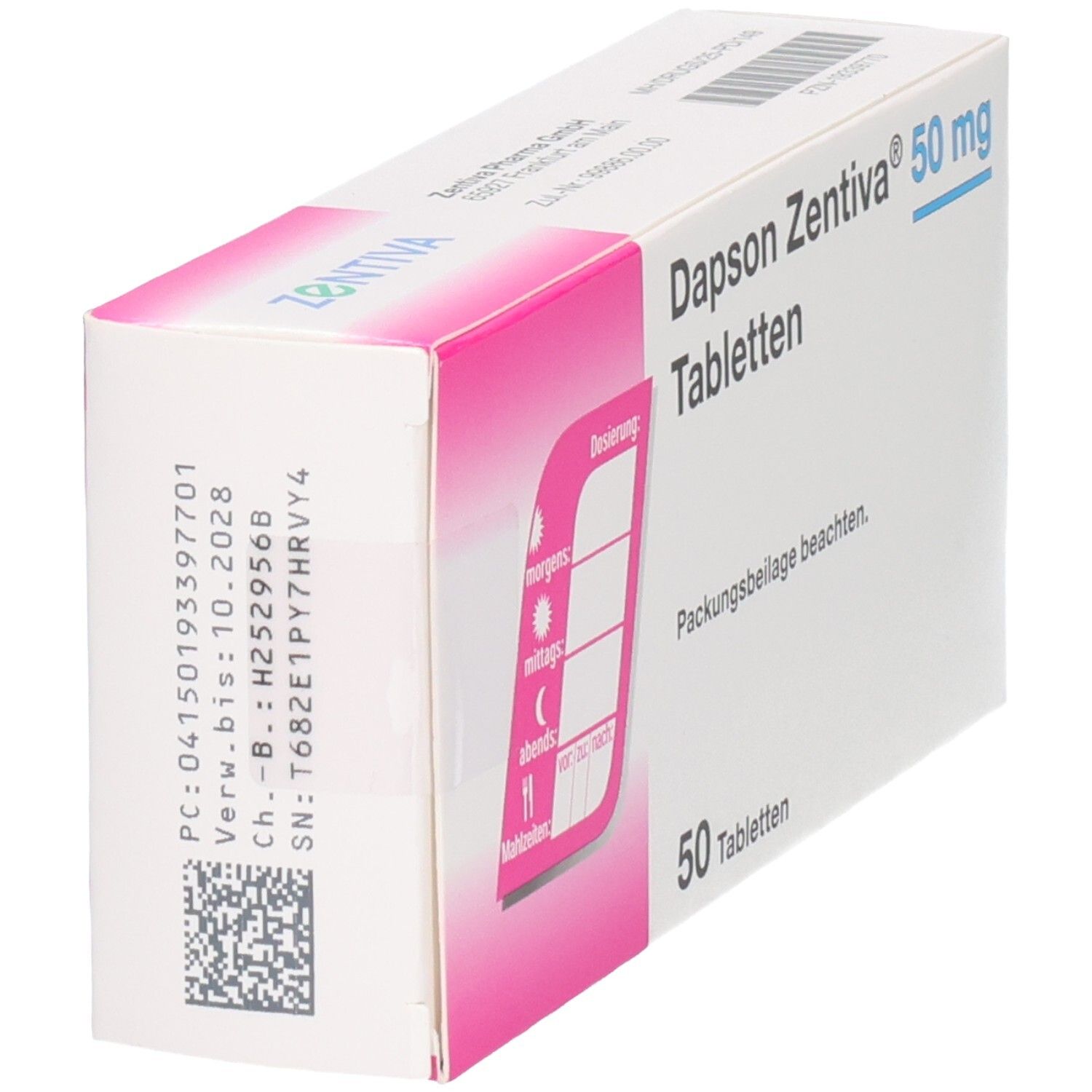 Packung Dapson Zentiva 50 mg Tabletten, 50 Stück, mit Chargennummer und Dosierungsschema.