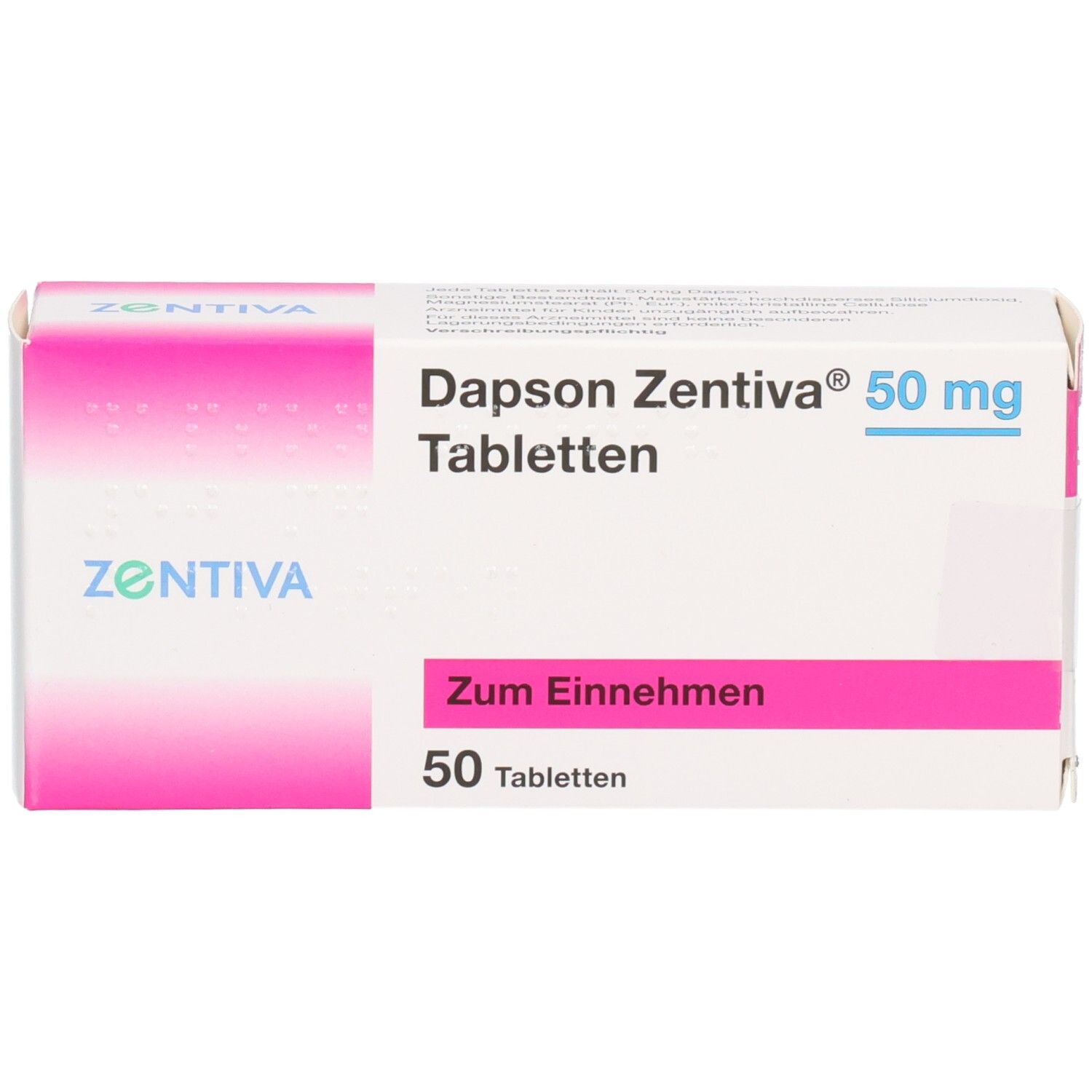Packung Dapson Zentiva 50 mg Tabletten, 50 Stück.