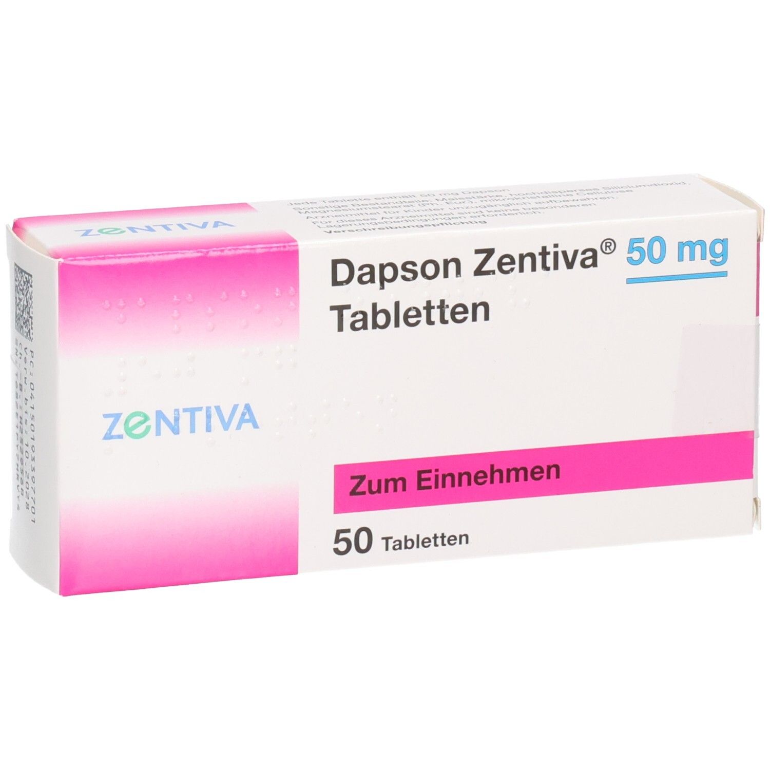 Packung Dapson Zentiva 50 mg Tabletten, 50 Stück.