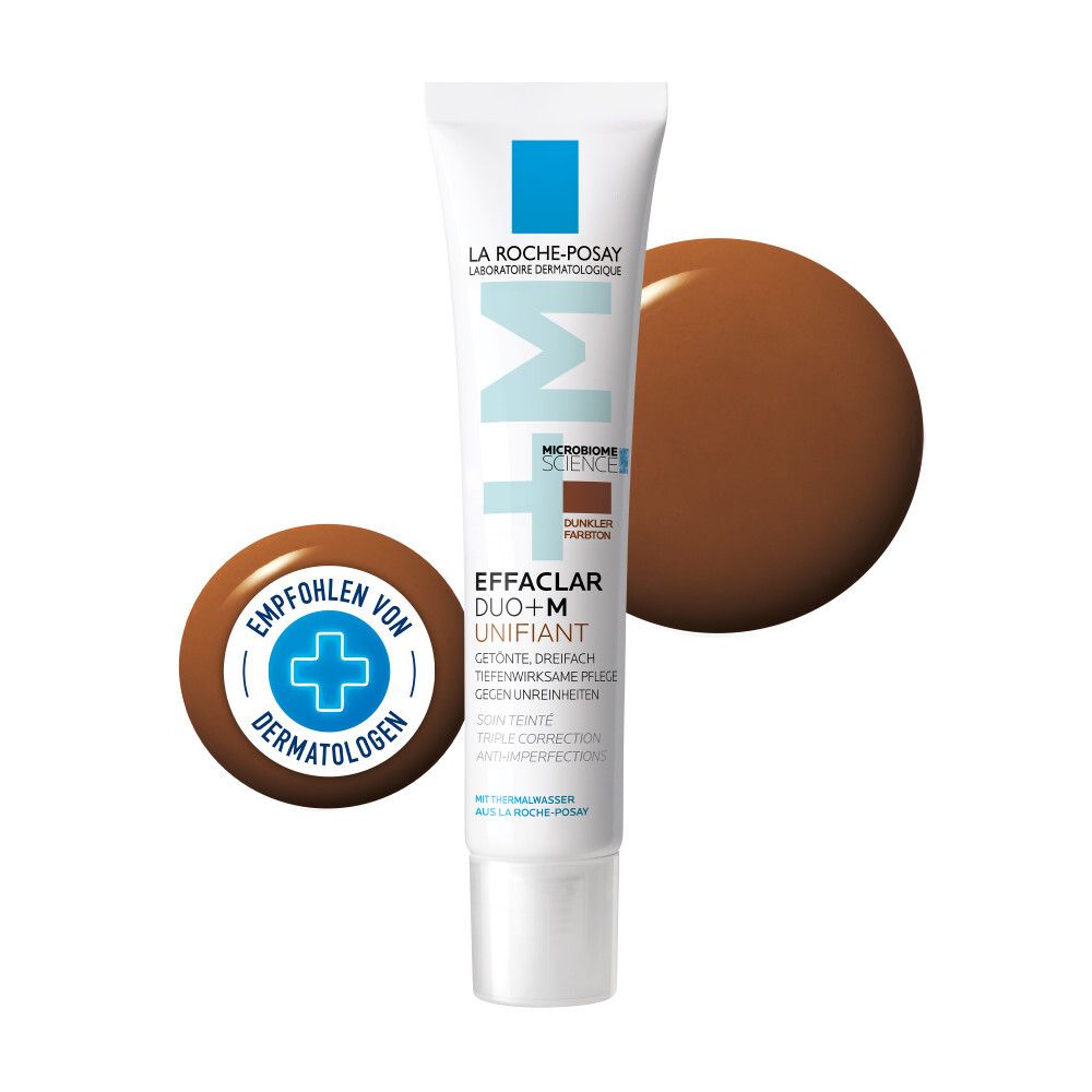 La Roche-Posay Effaclar DUO+M Unifiant getönt Medium. Tube und Farbklecks. Dermatologen empfohlen.