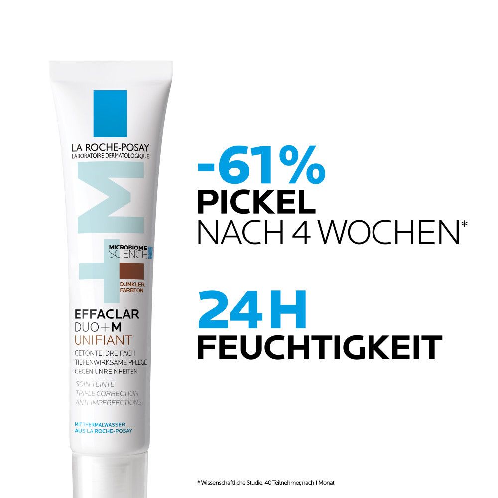 La Roche-Posay Effaclar DUO+M Unifiant getönt Medium. Text mit -61% Pickel nach 4 Wochen und 24H Feuchtigkeit.