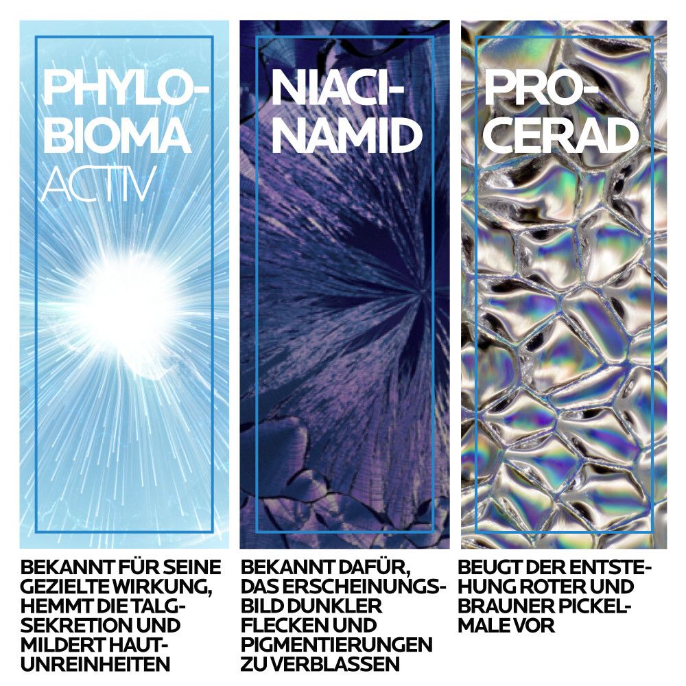 Drei Textfelder: PHYLO-BIOMA ACTIV, NIACINAMID, PROCERAD. Informationen zu Inhaltsstoffen und deren Wirkung.
