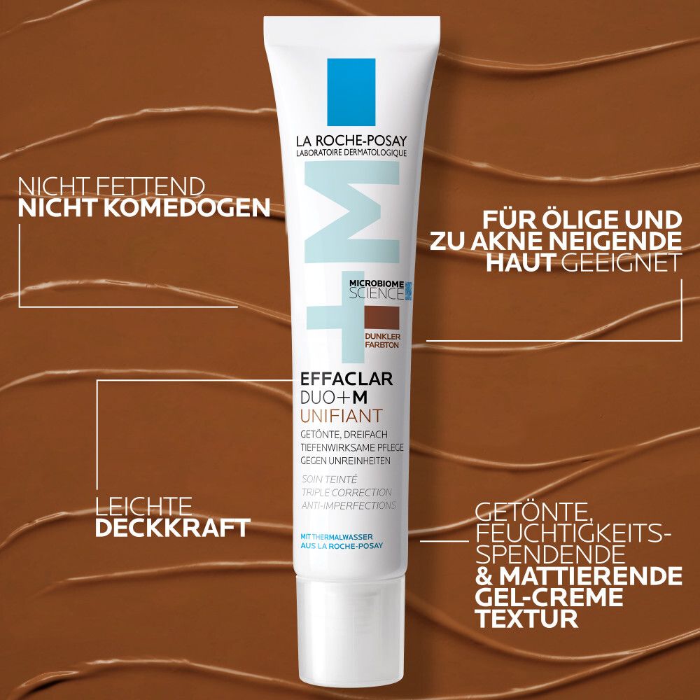 La Roche-Posay Effaclar DUO+M Unifiant getönt Medium. Textfelder: nicht fettend, nicht komedogen, für ölige Haut.