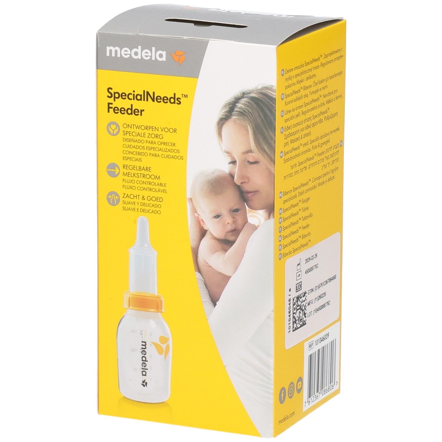 Medela SpecialNeeds Feeder Verpackung mit Fläschchen und Sauger. Informationen auf Niederländisch und anderen Sprachen.