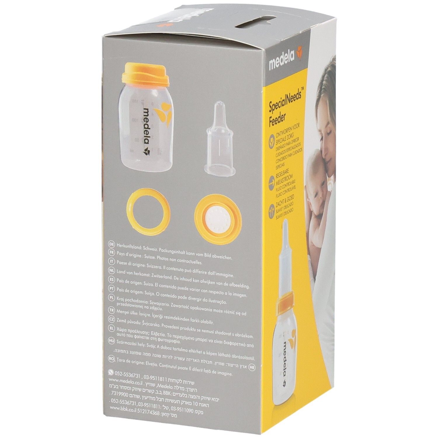 Medela SpecialNeeds Feeder Verpackung mit Fläschchen, Sauger und Scheiben. Informationen auf Deutsch und anderen Sprachen.