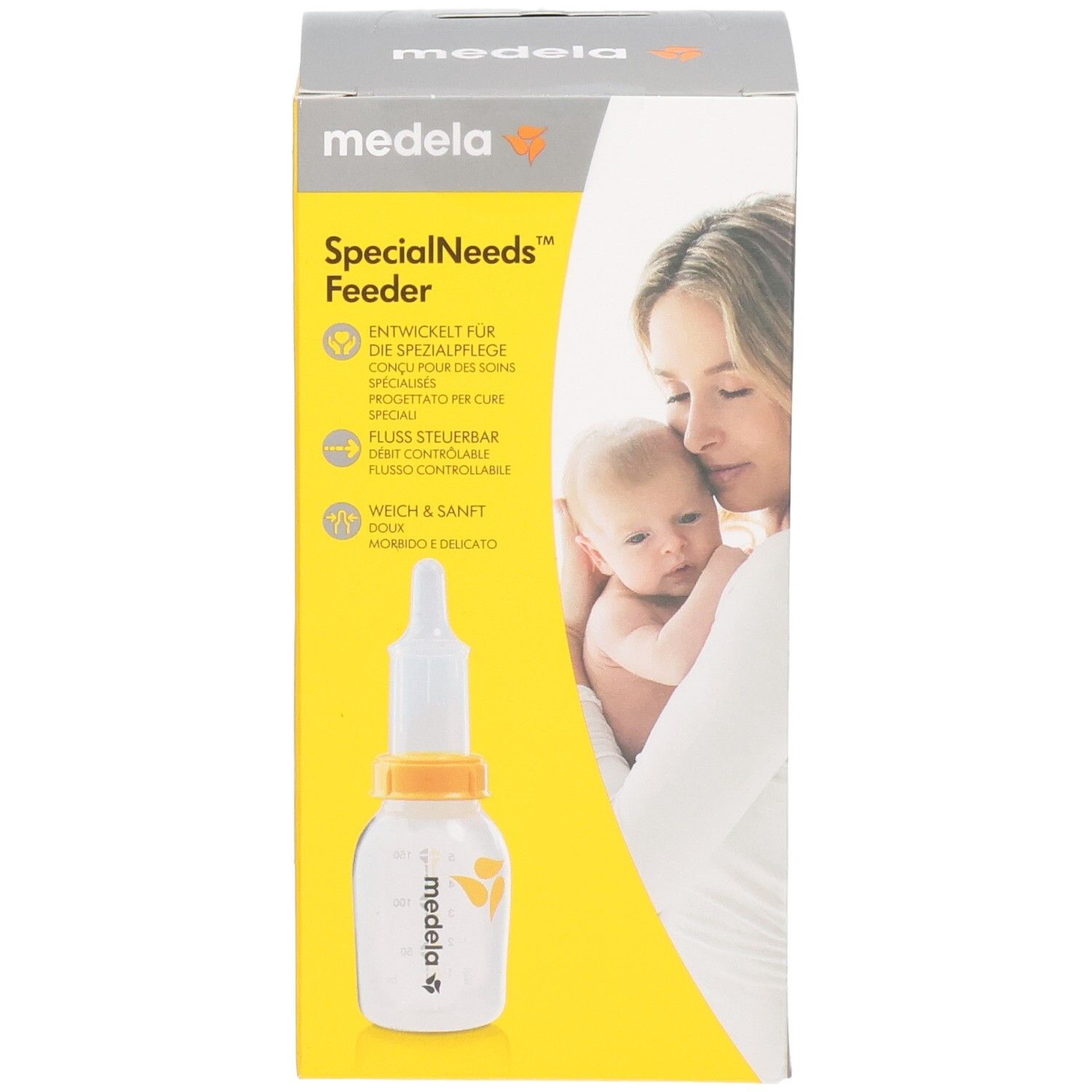 Medela SpecialNeeds Feeder Verpackung mit Fläschchen und Sauger. Informationen auf Deutsch und anderen Sprachen.