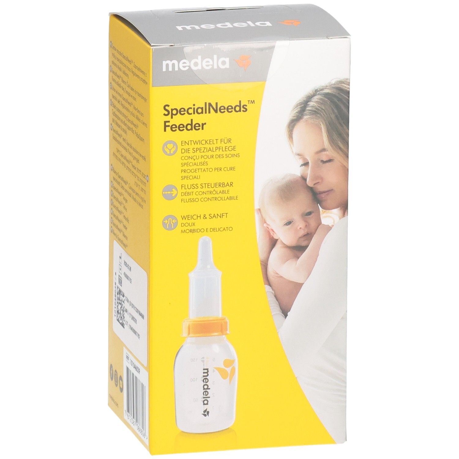 Medela SpecialNeeds Feeder Verpackung mit Fläschchen und Sauger. Informationen auf Deutsch und anderen Sprachen.