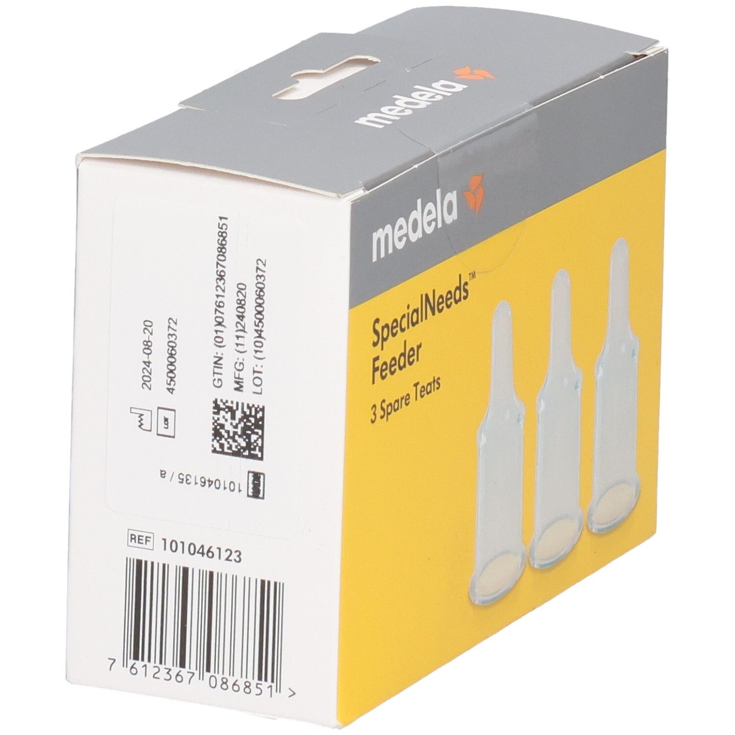 Medela SpecialNeeds Feeder Ersatzsauger, Rückseite der Verpackung mit Produktinformationen.