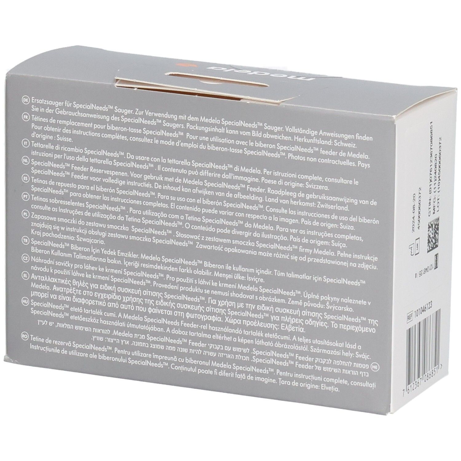 Medela SpecialNeeds Feeder Ersatzsauger, Seitenansicht der Verpackung mit mehrsprachigen Hinweisen.