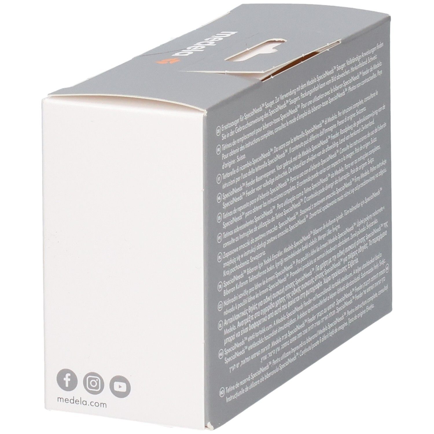Medela SpecialNeeds Feeder Ersatzsauger, Verpackung mit Social-Media-Links und Website.