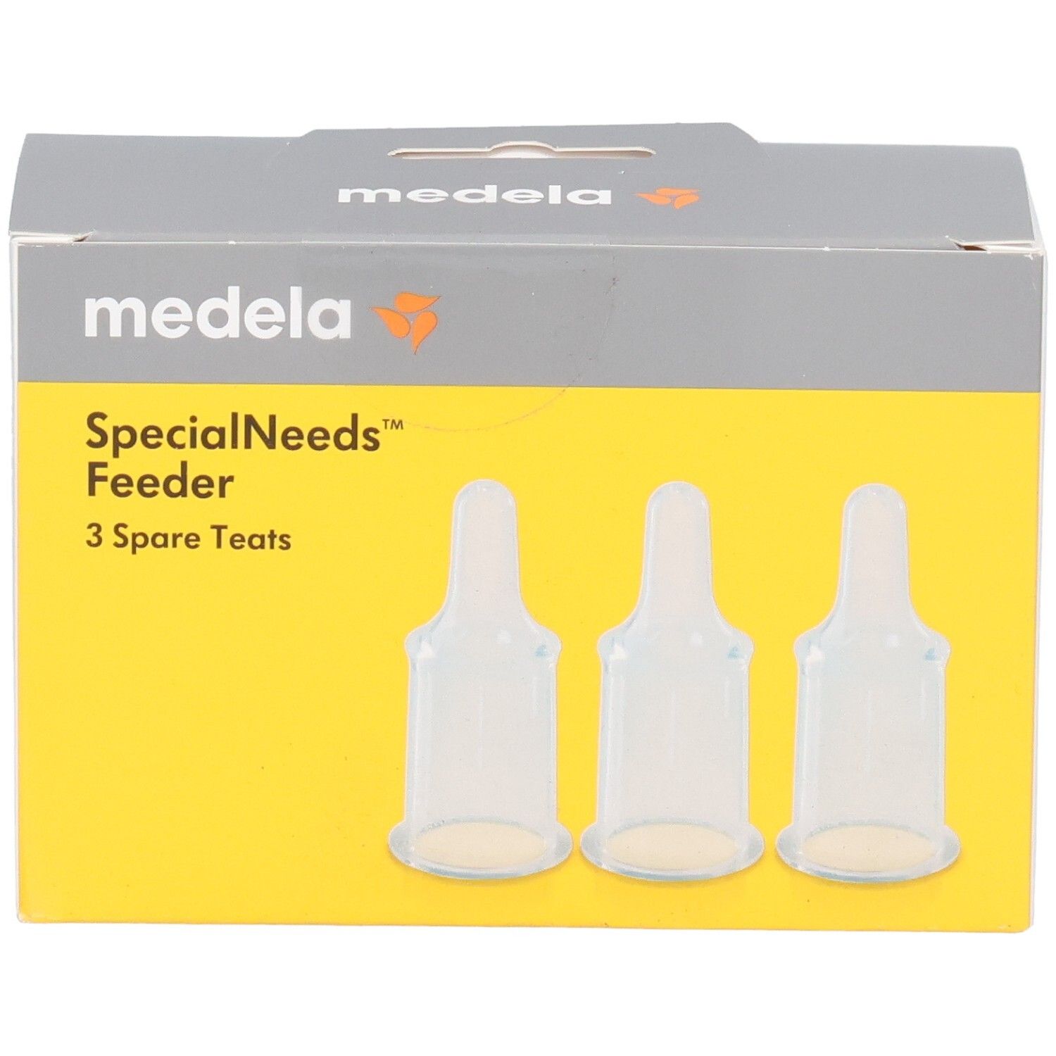 Medela SpecialNeeds Feeder Ersatzsauger, Vorderseite der Verpackung mit drei Saugern.