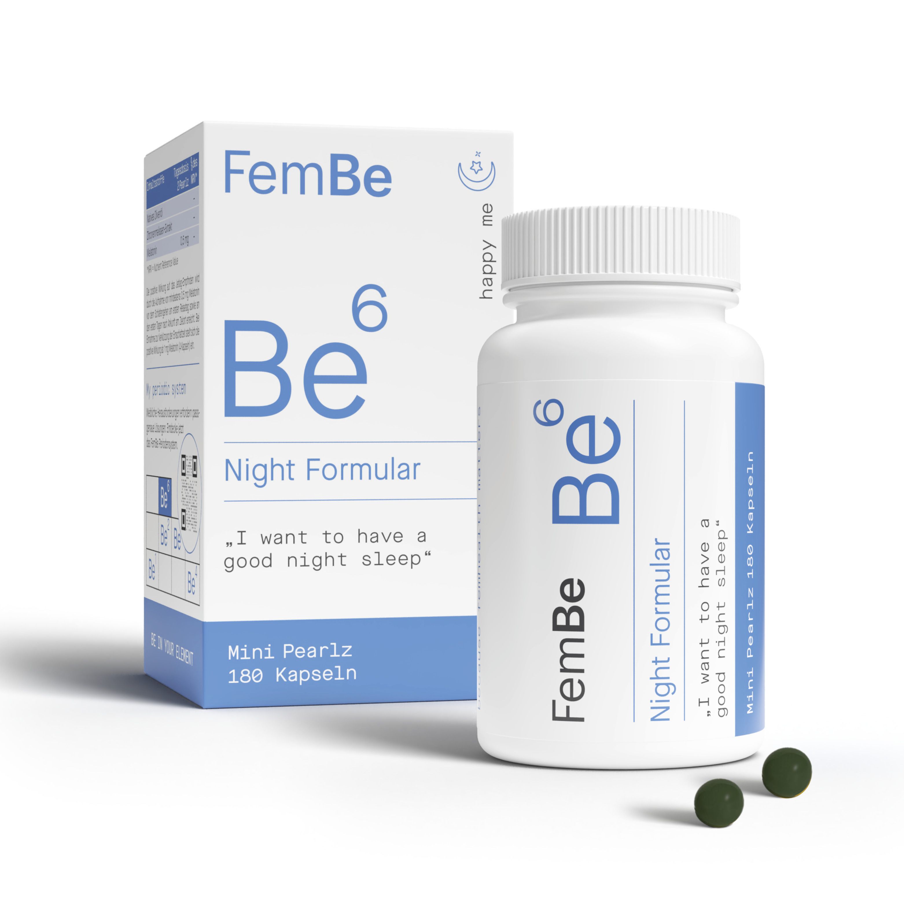 Weiße Flasche und Schachtel mit Produkt. Aufschrift: FemBe Be⁶ Night Formular, Mini Pearlz, 180 Kapseln. Zwei grüne Kapseln.