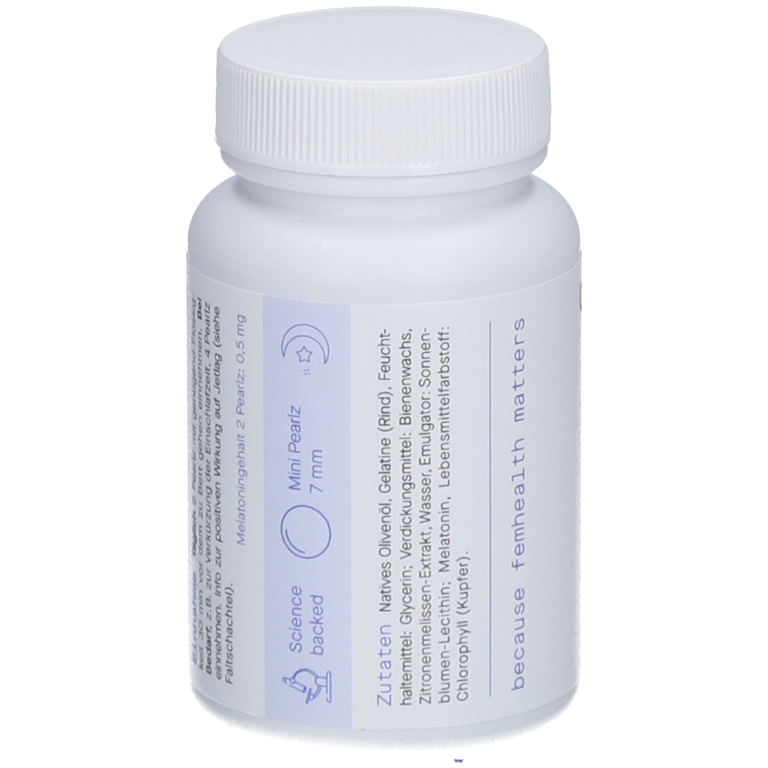 Weiße Flasche mit Schraubverschluss. Aufschrift: Mini Pearlz 7 mm, Zutaten, because femhealth matters.