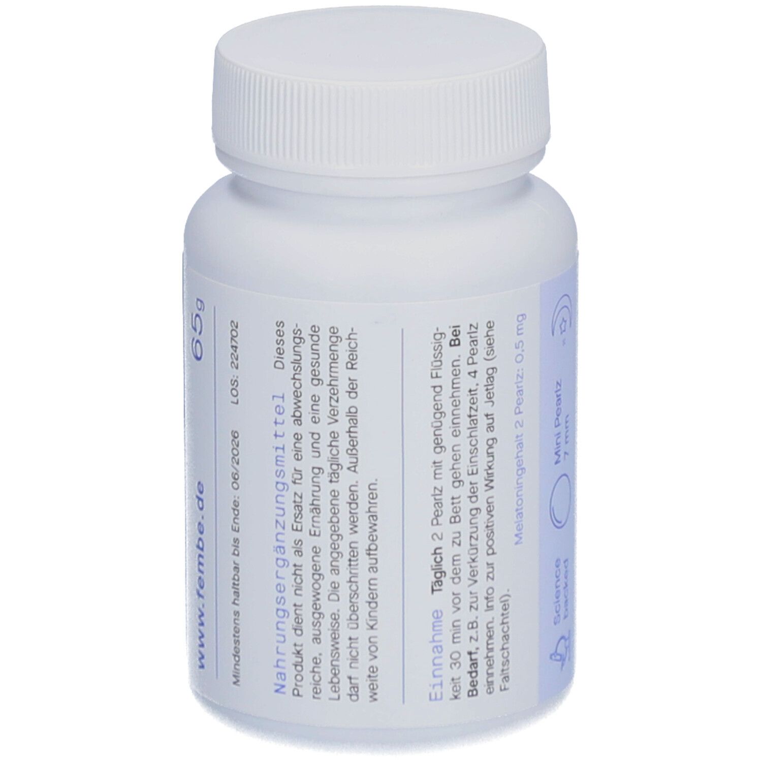 Weiße Flasche mit Schraubverschluss. Aufschrift: Nahrungsergänzungsmittel, www.fembe.de, 65g.