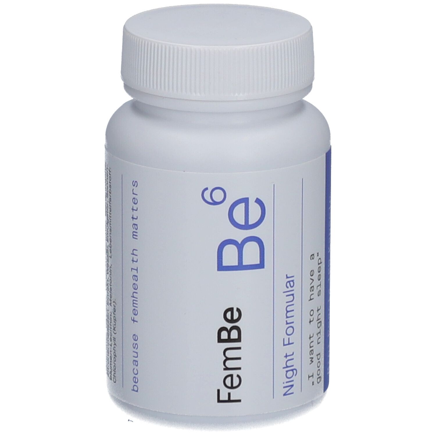 Weiße Flasche mit Schraubverschluss. Aufschrift: FemBe Be⁶ Night Formular, because femhealth matters.